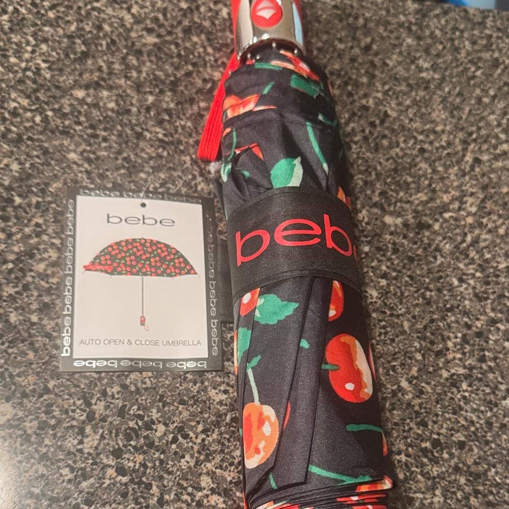 Bebe Black Umbrella with Red Cherry Design